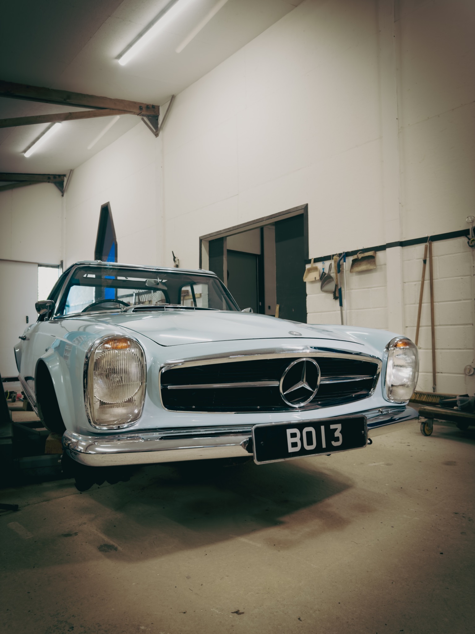 Pale blue Mercedes-Benz Pagoda in the workshop