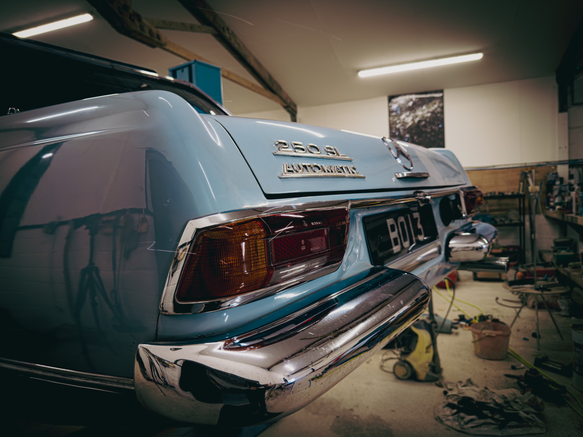 Close-up of the Pagoda's rear badge and chrome bumper